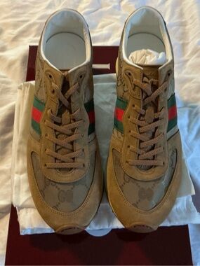 Gucci Beige Monogram Sneakers with Green & Red Web Stripe
